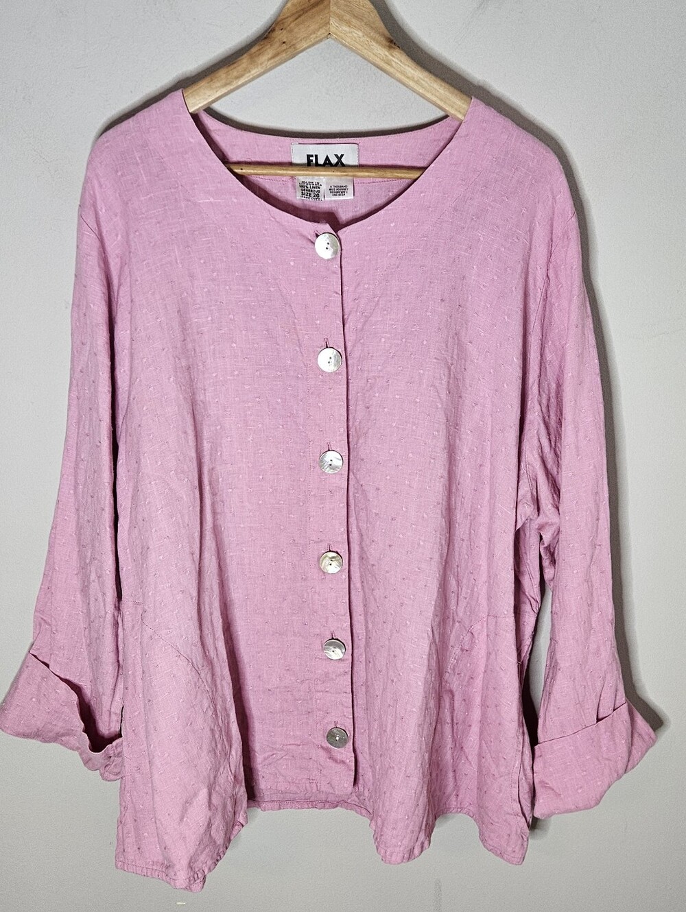 Flax Button Front Blouse Rose PinkTop Longsleeve Cuffs Textured Linen Women's 2X
